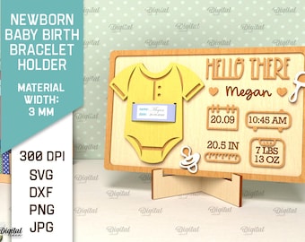 Newborn baby birth bracelet holder, 3D new baby birth stats chart lasercut, baby onesies, hospital wristband keeper, Hello there svg