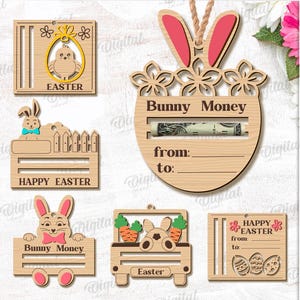 Lot 3D de porte-monnaie de Pâques, porte-billets découpé au laser, carte de paiement de Pâques, argent lapin de Pâques svg, cadeau Joyeuses Pâques, citations de Pâques svg