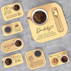 May include: Ten digital designs for laser cutting coffee cup trays. Each design features a different quote about coffee and a cup and saucer. The designs are suitable for any material thickness.