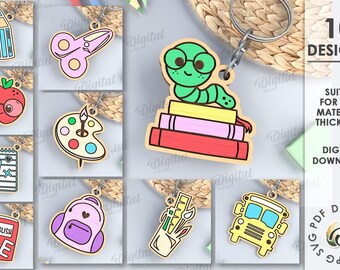 May include: Ten colorful school-themed keychain designs, including a pencil, scissors, apple, paint palette, notebook, backpack, ruler, and school bus. The designs are suitable for any material thickness and are available for digital download in PDF, SVG, DXF, EPS, PNG, and JPG formats.