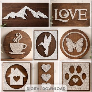 Może przedstawiać: Kolekcja dziesięciu drewnianych wzorów sztuki ściennej, w tym pasmo górskie, słowo "LOVE", głowa jelenia, filiżanka kawy, koliber, motyl, słowo "HOME", dom, serca i odcisk łapy. Wzory wykonane są techniką string art.