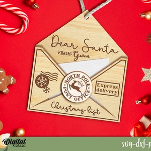 Sobre 3D Dear Santa, Sobre de carta a Santa SVG, diseños de Glowforge de correo de Santa, lista de deseos de Navidad SVG, adorno de árbol de Navidad, corte láser