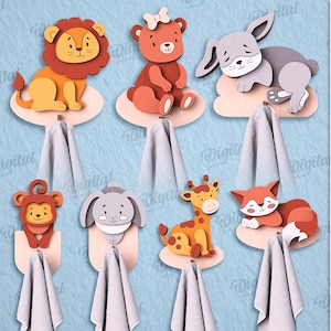 May include: A collection of ten animal-themed wall hooks, each featuring a different design, including a fox, lion, bear, and rabbit. The hooks are made of 3 mm thick material and are designed for digital download.