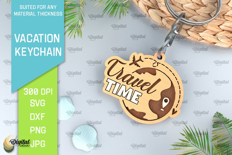 May include: A wooden keychain with a globe design and the text "Travel Time" in white lettering. The keychain is attached to a silver key ring.