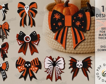Pacote de laços 3D de Halloween, decoração assustadora cortada a laser, laço decorativo rústico, laço de madeira, decoração para casa, abóbora svg, caveira, aranha, fantasma