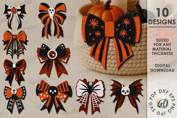3D Halloween bows bundle, spooky decor laser cut, rustic decorative bow, wooden bow, home decor, pumpkin svg, skull, spider, ghost