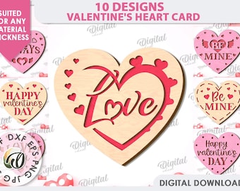 3D Valentine's Day heart cards bundle, Happy Valentines Day card laser cut, heart sign svg, wooden greeting card, love quotes svg