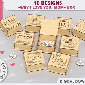Pacchetto di scatole 3D "Perché ti amo mamma", scatola e cuori con i motivi per cui ti amo tagliati al laser, regalo per la festa della mamma, cuore di legno svg, citazioni d'amore
