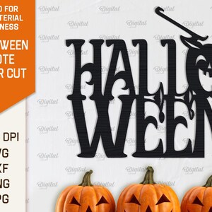 May include: Black and white cut file design of the words "Halloween" with a jack-o-lantern face. The design is suitable for any material thickness and can be used for laser cutting.