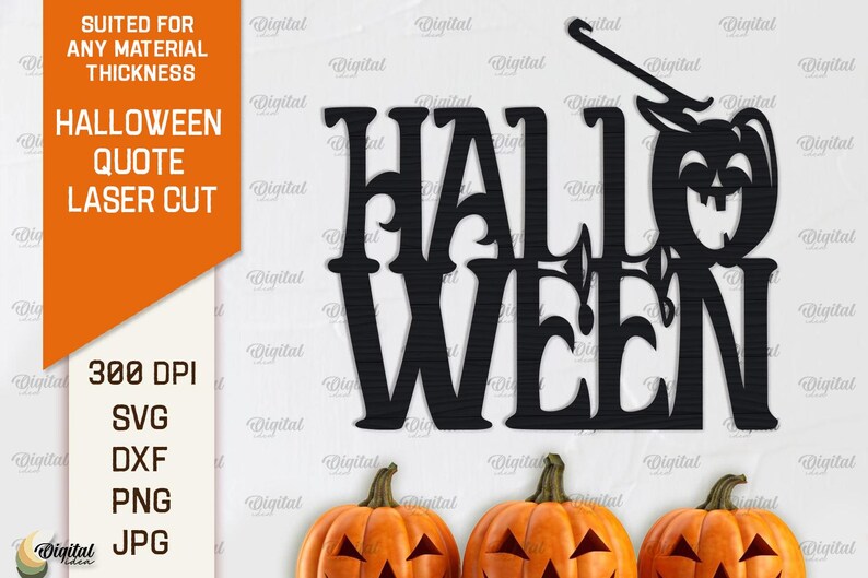 May include: Black and white cut file design of the words "Halloween" with a jack-o-lantern face. The design is suitable for any material thickness and can be used for laser cutting.