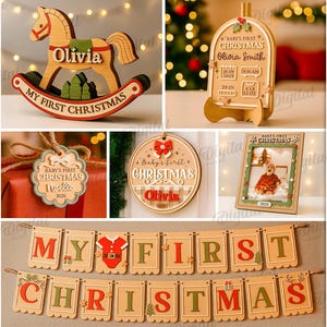 Può includere: Una collezione di 10 ornamenti e decorazioni natalizie in legno. I design includono un cavallo a dondolo, cornici per foto e banner. Gli ornamenti presentano nomi e il testo "My First Christmas" e "Baby's First Christmas". Lo spessore del materiale è di 3 mm.