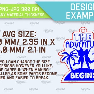 May include: A blue and white design with the text "The Adventure Begins" and two figures holding hands in front of palm trees. The design is approximately 2.35 inches by 2.1 inches.