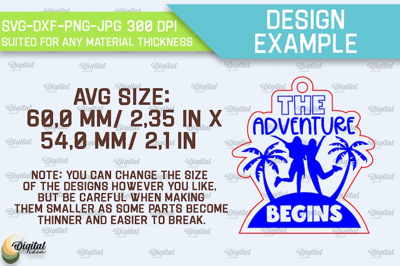May include: A blue and white design with the text "The Adventure Begins" and two figures holding hands in front of palm trees. The design is approximately 2.35 inches by 2.1 inches.