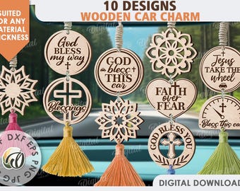 May include: Ten designs for wooden car charms. The charms feature various religious and inspirational messages, including "God Bless My Way", "God Bless This Car", "Faith Over Fear", and "Jesus Take The Wheel".