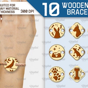 Puede incluir: Diez diseños digitales para dijes de pulsera de mascotas de madera. Los dijes presentan varias imágenes con temática de mascotas, que incluyen un perro, un gato, un pez, un conejo, una huella de pata, un hueso, un corazón y un tazón de comida. Los diseños son adecuados para cualquier grosor de material y tienen 300 DPI.