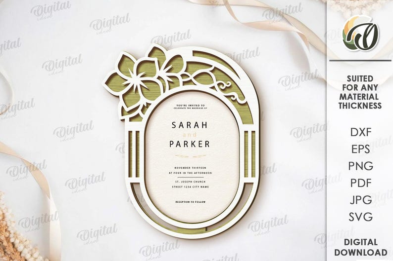 May include: A laser-cut wedding invitation with a floral design. The invitation features the names "SARAH and PARKER" and event details. The design includes a decorative frame and the text "SUITED FOR ANY MATERIAL THICKNESS".