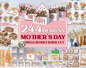 3D Muttertag Laser geschnitten Mega Bundle, 244 glückliche Muttertag Designs, Wohnkultur aus Holz, Geschenk für Mutter und Oma, Blumen svg, Fotorahmen