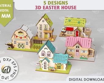 3D Easter houses bundle, Easter decors laser cut, farmhouse svg, wooden house shelf sitter, Easter cottage house, happy Easter svg