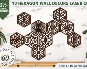 Paquete de decoración de pared hexagonal, letreros de pared decorativos cortados con láser, colgador de pared cortado con láser, mandala de madera svg, decoración del hogar svg, arte de pared floral