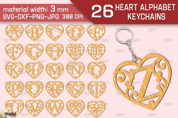 Heart alphabet keychains bundle, Valentine's day heart tags, personalized gift tags laser cut, heart ornament svg, letters a to z, custom