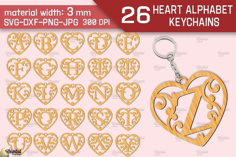 May include: Set of 26 heart-shaped wooden keychains with a decorative flourish design. Each keychain features a different letter of the alphabet. The keychains are 3 mm thick and come in a digital format for download.