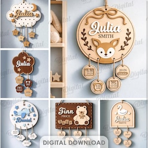 May include: Ten wooden baby name signs are displayed, each with a unique design, such as a cloud or a heart. The signs include names and birth details, with some featuring animal motifs. Suitable for any material thickness, these signs are ideal for nurseries.