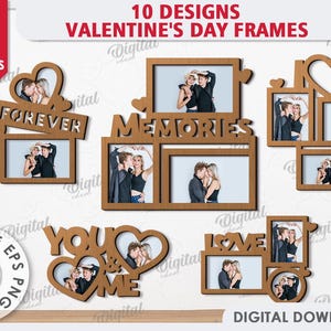 Valentine's Day photo frames bundle, 3D Valentine couple frame laser cut, wooden hanging picture frame, Valentines quotes svg, wall frame