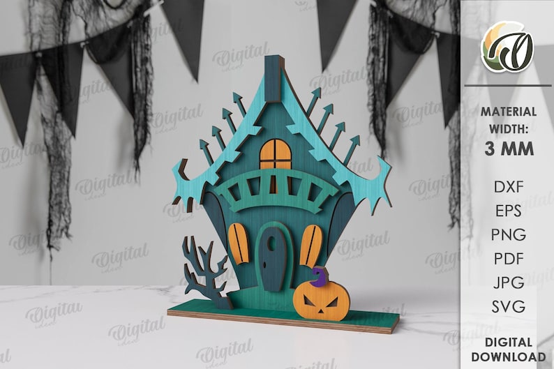 May include: A teal and orange Halloween wooden house decoration with a pumpkin and spooky tree. The house has a unique design with a 3 mm width. The background includes black pennant flags.