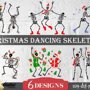 以下が含まれることがあります： クリスマス衣装を着た踊る骸骨のデジタルイラスト。骸骨はサンタ帽、スカーフ、ライトで飾られています。「CHRISTMAS DANCING SKELETONS」の文字がデザインの上に表示されています。