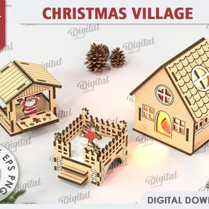 May include: A set of three laser cut wooden Christmas village houses. The houses are made of wood and are painted in a light brown color. The houses are 3 mm thick. The houses are designed to be assembled and decorated. The houses are perfect for adding a festive touch to your home decor.