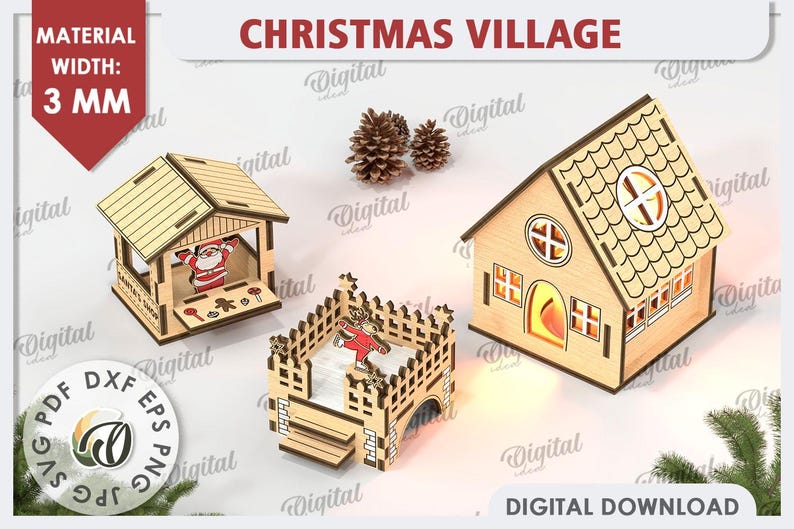 May include: A set of three laser cut wooden Christmas village houses. The houses are made of wood and are painted in a light brown color. The houses are 3 mm thick. The houses are designed to be assembled and decorated. The houses are perfect for adding a festive touch to your home decor.