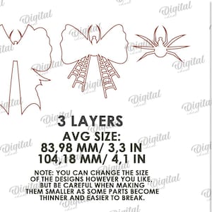 K&ouml;nnte beinhalten: Digitaler Download von dreischichtigen Halloween-Designs: eine Schleife, ein Spinnennetz und eine Spinne. Durchschnittliche Gr&ouml;&szlig;e: 83,98 mm x 104,18 mm. Der Text "SUITED FOR ANY MATERIAL THICKNESS" ist enthalten.