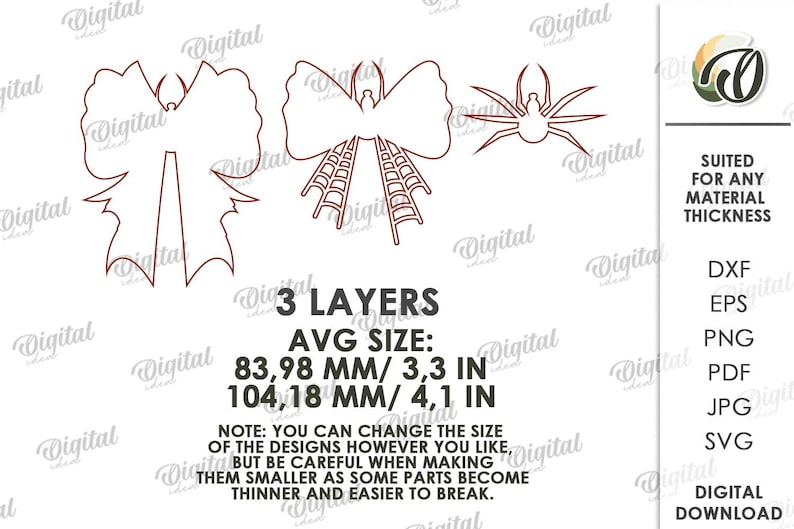 K&ouml;nnte beinhalten: Digitaler Download von dreischichtigen Halloween-Designs: eine Schleife, ein Spinnennetz und eine Spinne. Durchschnittliche Gr&ouml;&szlig;e: 83,98 mm x 104,18 mm. Der Text "SUITED FOR ANY MATERIAL THICKNESS" ist enthalten.