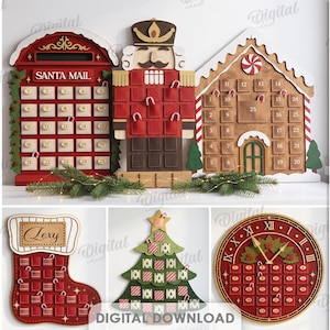 Può includere: Una collezione di dieci design di calendari dell'avvento natalizi tra cui una cassetta delle lettere di Babbo Natale, uno schiaccianoci, una casa di pan di zenzero, una calza, un albero e una ghirlanda. Il testo recita 10 DESIGNS RECOMMENDED MATERIAL.