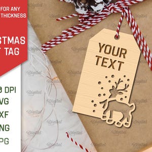 May include: A wooden Christmas gift tag with a reindeer design and the text "YOUR TEXT". The tag is on a brown paper background with red and white twine.