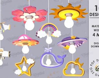 Kids hanging pendant light shades bundle, lamp shade laser cut, wooden bulb shade,chandelier svg, cute nursery lamp, baby room decor