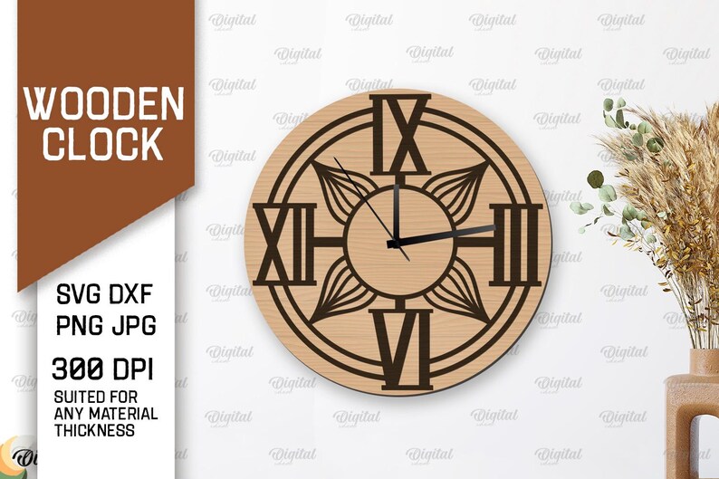 May include: A wooden clock with Roman numeral markings and a floral design. The clock is round and has a light brown wood finish.