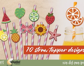 Summer straw toppers bundle, cocktail straw topper paper cut, summer svg, drink straw topper template svg, summer party decor paper craft