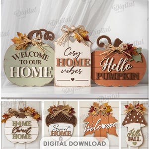 May include: A collection of ten digital designs for seasonal wall signs featuring pumpkins, leaves, mushrooms, and acorns. The signs include text such as Fall Blessings, Welcome to Our Home, Cosy Home Vibes, Hello Pumpkin, Apple Season, and Sweet Home.