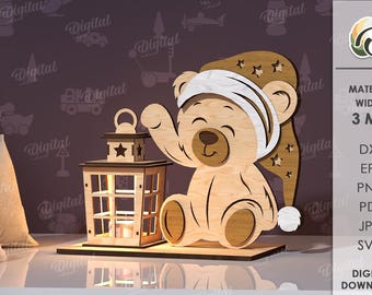 May include: A wooden bear-shaped night light with a lantern. The bear wears a nightcap and waves. The lantern has a star cutout. The material width is 3 mm. Digital download.