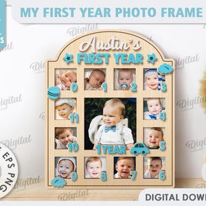 3D Mijn eerste jaar fotolijst, fotolijstje babyjongen lasergesneden, pasgeboren statistiekenlijst, nieuwe babygrafiek, gepersonaliseerde svg, aangepaste jongenslijst