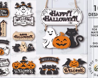May include: A selection of Halloween wooden signs with different designs. The signs display phrases such as "Welcome to our Haunted House" and "Happy Halloween", alongside images of ghosts, pumpkins, and black cats. The image also includes the text "10 Designs" and "Digital Download".
