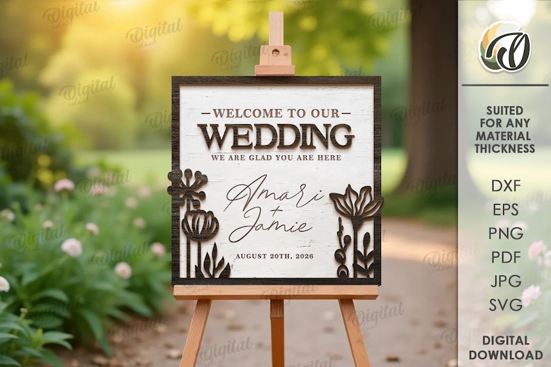 May include: A wooden wedding sign on an easel. The sign reads "WELCOME TO OUR WEDDING" with the names "Amari & Jamie" and the date "August 20th, 2026". Decorative floral cutouts frame the sign. The sign is displayed outdoors.