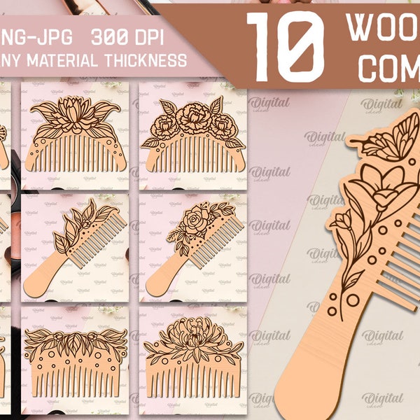 Wooden floral hair combs bundle, flower comb laser cut, hairbrush svg, comb template lasercut, comg with engraving glowforge, hair brush svg