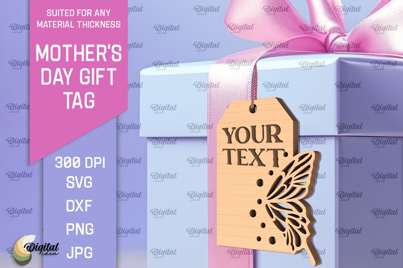 May include: A light blue gift box with a pink ribbon and a wooden gift tag with the text "YOUR TEXT" and a butterfly design. The tag is attached to the box with a string.