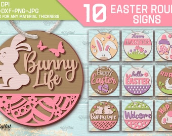 3D Easter round signs bundle, round layered sign laser cut, Happy easter SVG, 3D paper cut, hanging easter porch sign, welcome sign svg