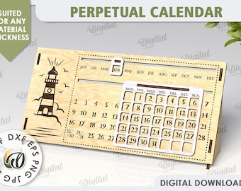 May include: A wooden perpetual calendar with a lighthouse design. The calendar features a monthly grid with numbers 1 through 31, and a separate section for the months of the year. The calendar is suitable for any material thickness.