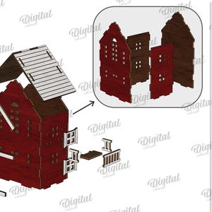 May include: A disassembled wooden house model with a red body and a white roof. The model includes separate window and door pieces. The material width is 3 mm. The image also shows a smaller version of the house and the available file formats.