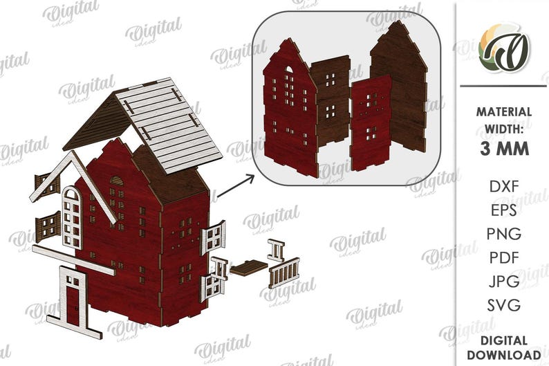 May include: A disassembled wooden house model with a red body and a white roof. The model includes separate window and door pieces. The material width is 3 mm. The image also shows a smaller version of the house and the available file formats.