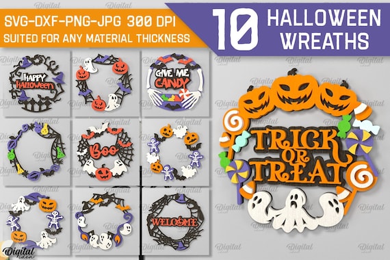 3D Halloween wreaths bundle, Happy Halloween wreath lasercut, halloween sign svg, halloween quotes, spooky home decor glowforge, wall hanger
